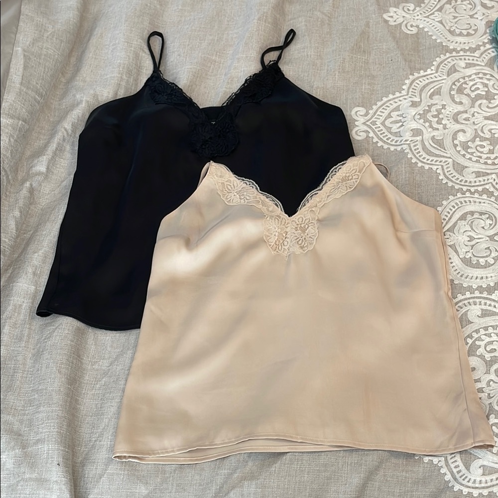 Elegant Lace Trim Camisole Set - Black and Beige